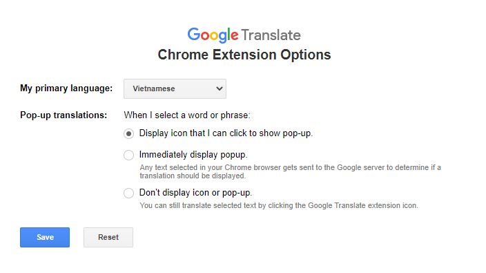 Thiết lập setting Google translate extension bước 2